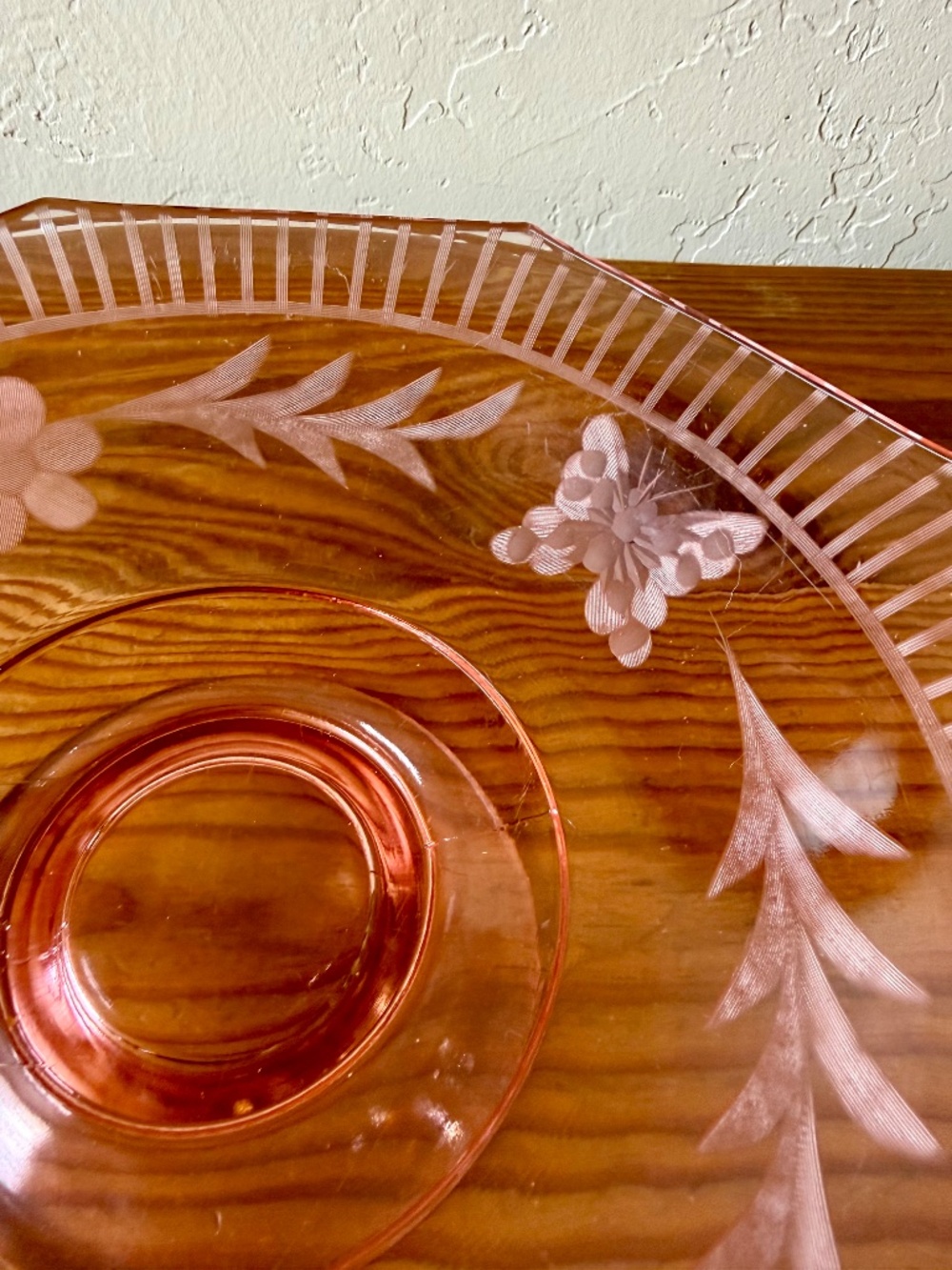 Vintage Depression Glass Pink Etched Glass Pedestal Compote Fruit Bowl - Picture 6 of 9